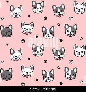 Cute cartoon French Bulldog faces seamless pattern. Hand drawn Frenchie pups, paws, stars on pink background. Simple vector illustration. Stock Vector