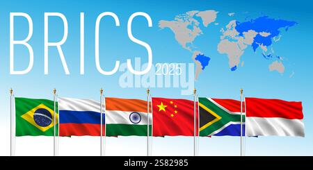 BRICS summit 2025, flags of the countries and new map, coloured vector illustration Stock Vector