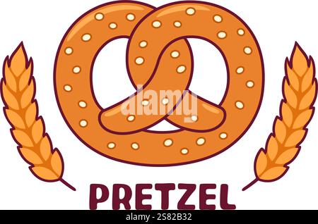 Pretzel emblem with ears of wheat, bakery logo. Cartoon drawing set, vector clip art illustration. Stock Vector