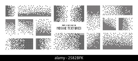 Pixel background. Mosaic dot pattern, space graphic texture effect for dissolve and rectangle design. Square shapes. Monochrome black and white grid. Stock Vector