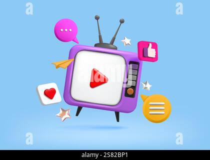 3D television icon. TV screen. Channel show. Bubble style movie concept with notification cloud or web talk action. Analog antenna. Render electronic Stock Vector