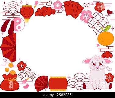happy new year Chinese lantern festival 2027 sheep paper art style with hanging red lanterns. oval frame. Vector graphic template for your text Stock Vector