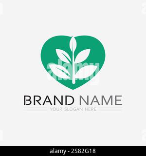 Gardening logo with shovel icon and tree with green leaves logo template. Stock Vector