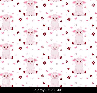 Cute baby sheep with footprint and pink hearts vector seamless pattern. Cute fabric design. Cartoon style vector background. Repeating surface pattern Stock Vector