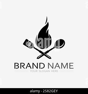 KITCHEN AND CHEF LOGO FOOD ICON RESTO AND CAFE DESIGN VECTOR Stock Vector