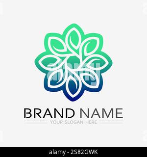 Gardening logo with shovel icon and tree with green leaves logo template. Stock Vector