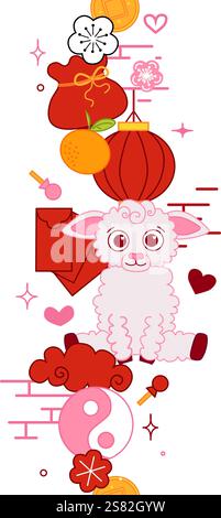 Chinese new year Vector Decorations with cute sheep, lantern elements, clouds, fan, pattern, and transparent background seamless vertical border. Suit Stock Vector