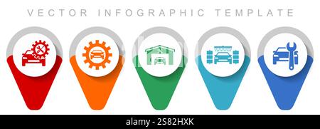 Industrial pointer collection, miscellaneous icons such as car, service, workshop and carwash, flat design vector infographic template in eps 10 Stock Vector