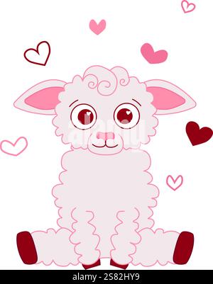 Cute sheep with hearts pink vector graphic line illustration. isolates composition on transparent background Stock Vector