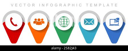 Social media and communication pointer collection, miscellaneous icons such as people, globe, phone, e-mail and notebook, flat design vector infograph Stock Vector