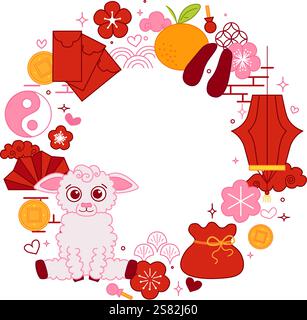 Traditional China new year elements circle round Frame Isolated. Graphic line Vector Illustration. Lunar New Year of sheep 2027 Decorative Banner. Chi Stock Vector