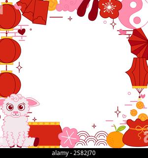 2027 Chinese New Year of the Goats and Sheep. Christmas vector graphic line Frame With Sheep. pink and red color. transparent background Stock Vector