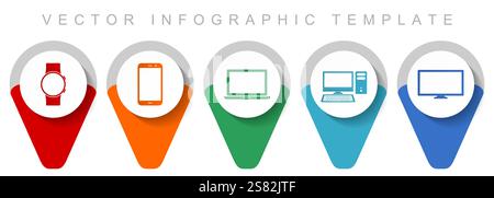 Electronic devices pointer collection, miscellaneous icons such as smartphone, notebook, computer, smartwatch and tv, flat design vector infographic t Stock Vector