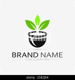 Gardening logo with shovel icon and tree with green leaves logo template. Stock Vector