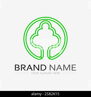 Gardening logo with shovel icon and tree with green leaves logo template. Stock Vector