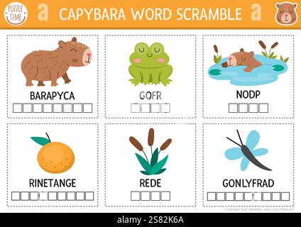Vector capybara word scramble activity cards set. English language game with tangerine, dragonfly, frog, reeds, pond for kids. Transport family quiz w Stock Vector