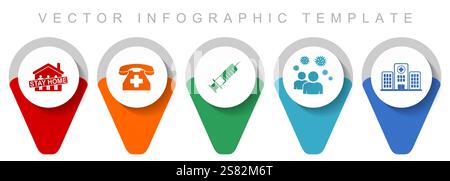 Health and medical pointer collection, miscellaneous icons such as hospital, vaccine, stay home, people and emergency phone, flat design vector infogr Stock Vector