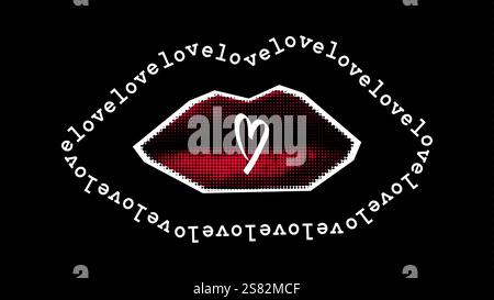 Trendy vintage vector collage in halftone style with red lips, doodle heart and love text for Valentines Day designs Stock Vector