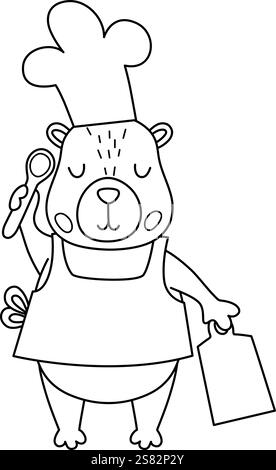 Vector black and white capybara icon. Cute line capibara cook in apron and chef hat, holding cutting board and spoon. Funny animal illustration isolat Stock Vector
