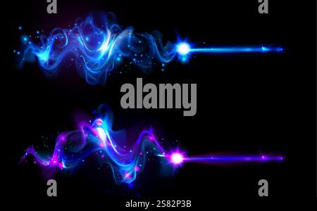 Magic wand sparkle trails with luminous blue and purple energy waves. Mystical glowing effect with starry particles and bright beam streaks on dark ba Stock Vector
