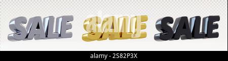 3D sale lettering set in metallic textures - silver chrome, luxury gold, elegant black. Bold text for premium discount promotions, exclusive coupon de Stock Vector