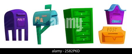 Vintage mailboxes set isolated on white background. Vector cartoon illustration of color letterboxes for mail, postal service, containers for message Stock Vector