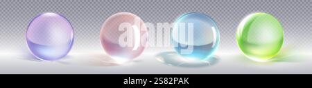 Colorful glass ball on transparent background with light reflection and rainbow refraction effects. Realistic 3d vector set of tinted spheres with opt Stock Vector