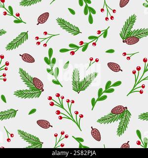 Christmas seamless pattern of fir branches with pine cones on a gray background. Stock Vector