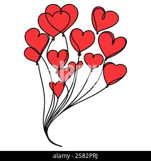Heart balloons drawing with one continuous line. Cute symbol love. Hand draw outline isolated on white background. Drawing line art prints. Wedding or Stock Vector