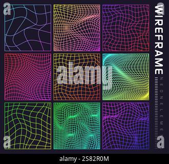 Colorful wireframe shapes, lined perspective mesh, 3d grid. Low poly geometric elements. Retro futuristic design elements, y2k, vaporwave and Stock Vector