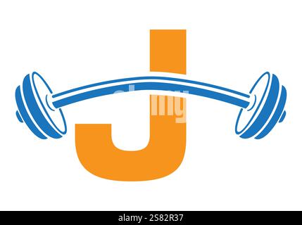 Initial Letter J Gym Logo Design Concept With Straight and Curved Barbell Symbol. Fitness Sign, Bodybuilding, Workout Vector Stock Vector
