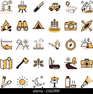 Camping icon set. Outdoor recreation activity vector line icons collection, editable stroke Stock Vector