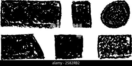Set of charcoal drawing geometric shapes. Handwritten by black color wax pencil circle, square, rectangle. Collections of school elements draw by oil Stock Vector