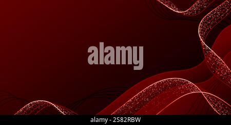 Luxury red background with golden glitter waves - elegant maroon backdrop decorated by shimmering curved lines and sparkles. Premium award ceremony de Stock Vector