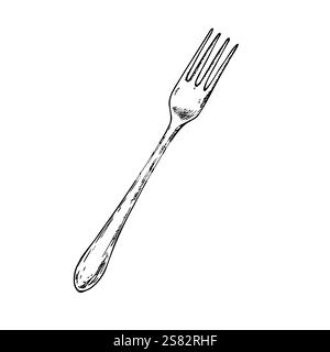 Vector fork. Graphic vintage kitchen tool illustration isolated on background. Hand drawn line sketch. For kitchen restaurant and table set up Stock Vector