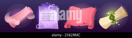 Magic parchment scrolls set isolated on background. Vector cartoon illustration of rolled old paper sheets with text and blank surface glowing in clou Stock Vector