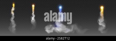 Rocket launch smoke trails set with glowing particles effects - upward paths from yellow or blue bright explosions to white smoky wisps on transparent Stock Vector
