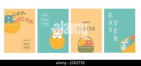 Colorful easter cards featuring baskets, eggs, and bunny designs. Stock Vector