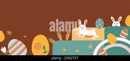 Happy easter designs with bunnies, eggs, and carrots for decorative use. Stock Vector