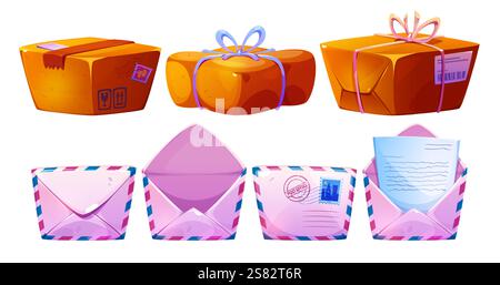 Cartoon postal set with brown parcel boxes tied by rope and tape, caution signs, barcodes and pink mail envelopes with blue red borders, postage stamps, post office seal. Vector delivery icons. Stock Vector