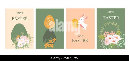 Colorful easter cards with eggs and flowers featuring cute bunny. Stock Vector