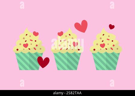Hearts with cupcakes. Playful valentines scene. Vector illustration Stock Vector