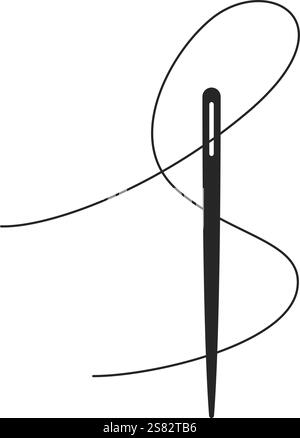A sewing needle with thread forming an S shape threaded through the eye of the needle in silhouette vector Stock Vector