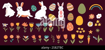 Whimsical easter elements with patterns with bunnies and eggs for festive design. Stock Vector