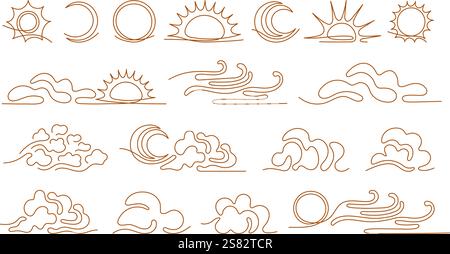Sun, moon, cloud sign. Vector line collection. Cloudy weather, wind, sky symbol in modern style. Abstract set. Editable stroke Stock Vector