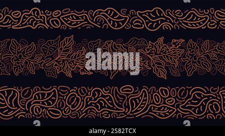 Coffee line patterns set. Abstract border. Branch, graphic beans. Vector seamless background for cafe packaging, textile print Stock Vector