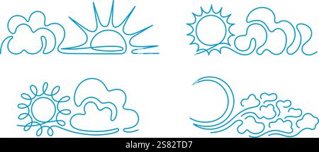 Line clouds, sun, moon. Cloudy weather, metcast. Abstract symbol in minimal design. Sky graphic collection Stock Vector
