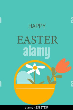 Happy easter poster design featuring basket with flowers and eggs. Stock Vector