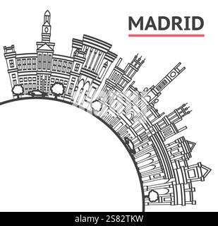 Outline Madrid Spain City Skyline with Historic Buildings and copy space Isolated on White. Vector Illustration. Madrid Cityscape with Landmarks. Stock Vector