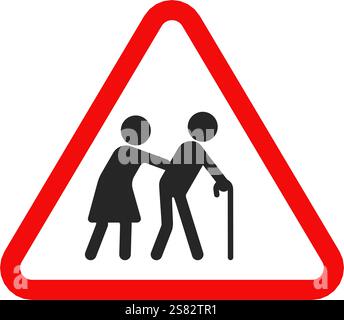 Triangle red and white warning sign for aged care or elderly people crossing the road in vector Stock Vector